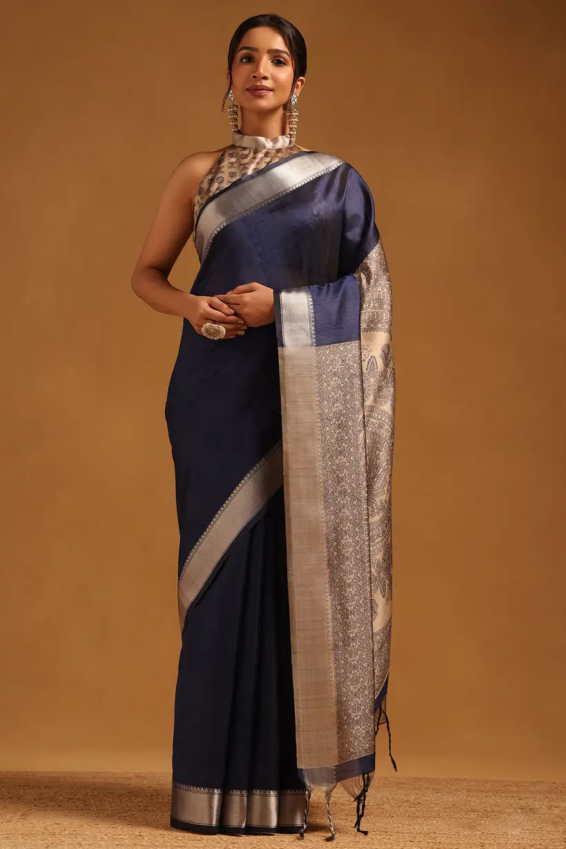Navy Blue Tussar Madhubani Printed Saree